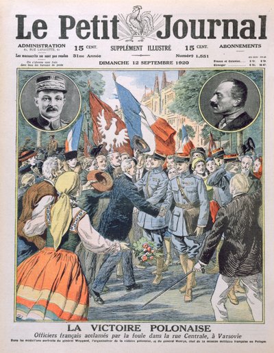 Den polske seieren, franske offiserer som ble hyllet av mengden i Central Street i Warszawa, forsideillustrasjon av Le Petit Journal, 12. september 1920 av French School