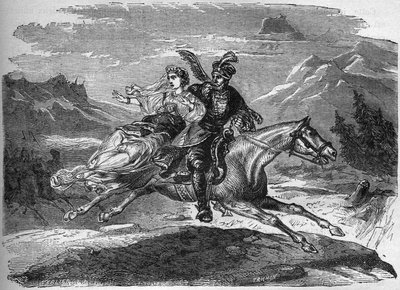 Den polske legenden om prinsesse Heligonde og grev av Tyniec Walgerz. De to forelskede elskerne flykter til Polen. Inngravering i "Prostitusjonens og utskeielsens historie blant alle verdens folkeslag fra antikken til i dag" av Dr. Th. -F. Debray. av French School