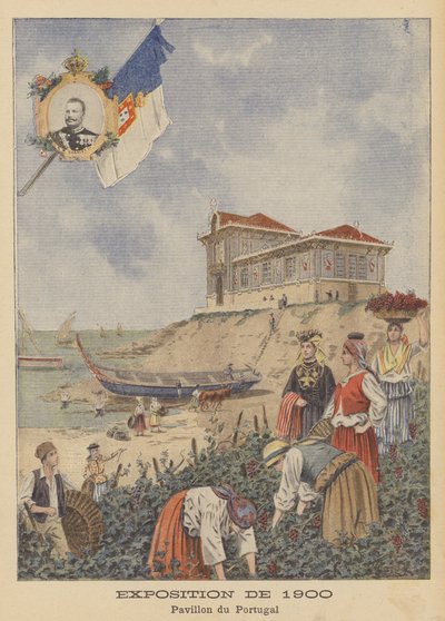 Den portugisiske paviljongen på Exposition Universelle i 1900 i Paris (farge litho) av French School