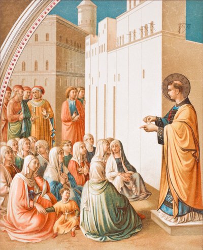 The Preaching of St.Stephen, etter freskomaleriet av Fra Angelico, fra Science and Literature in The Middle Ages av Paul Lacroix pub. London 1878 av French School