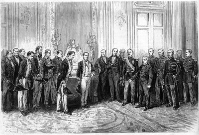 Presidenten for den franske republikk Adolphe Thiers (1797-1877) mottok japanske ambassadører ved Elysee-palasset. Gravering i "" Le Monde Illustré"" nr. 821 av 4. januar av French School