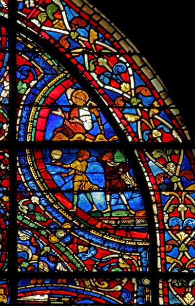 The Prodigal Son-vinduet: butlere serverer måltidet; en engel (w35) av French School
