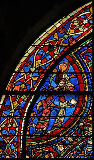 The Prodigal Son-vinduet: musikere på festen; engel (w35) av French School