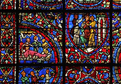 The Prodigal Son-vinduet: besøkt i sengen; kvinner feirer ham (w35) av French School
