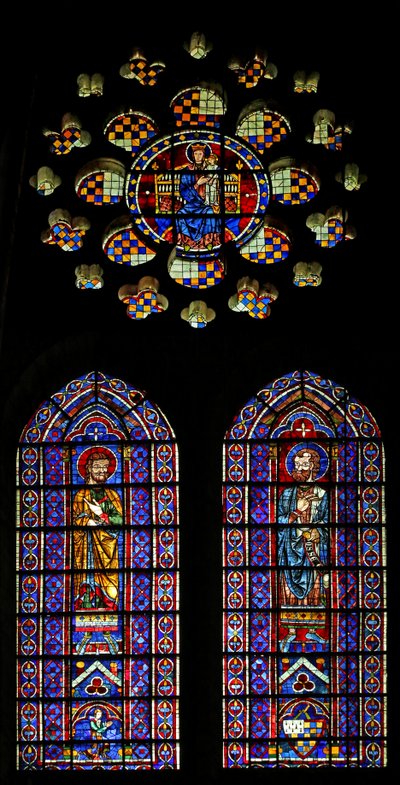 Profeten Hosea; en annen figur, armene til Mauclerc; Jomfru og barn over (w120) av French School