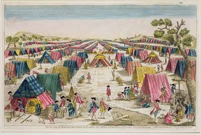 Den prøyssiske hærleiren, tegnet fra livet på markene i Pommern, gravert av Vale, ca. 1750 (håndfarget gravering) av French School