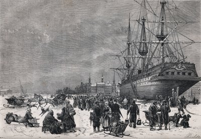 The Prussian ship the “Teutonia” in the port of Hamburg in Germany. French soldiers were held prisoner in the War of 1870. Engraving in “” Le Monde Illustré”” n°743 of 8 July 1871. av French School