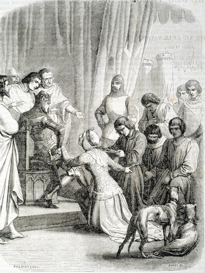 Dronningen av England (Philippa de Hainaut) ber takk til ektemannen Edward III for innbyggerne i Calais (episode av de 6 borgerlige i Calais) av French School