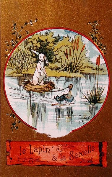 The Rabbit and the Teal, illustrert kort som viser fabelen av Jean de la Fontaine (1621-95) ca. 1880 av French School