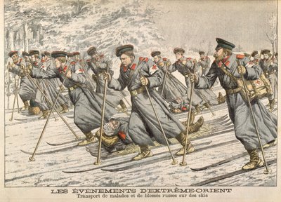 Røde Kors transporterer skadde russere på ski under den russisk-japanske krigen (1904-05) fra Le Petit Journal, ca. 1904 av French School
