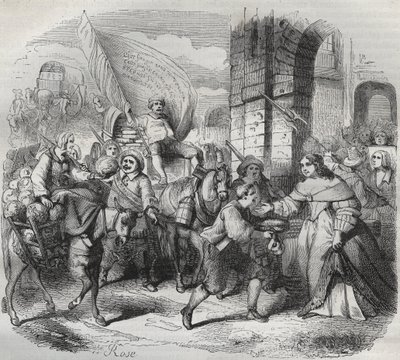 The Return of Gonesse, episode av Fronde: «Lady of Paris» ønsker velkommen til «Lady of Aubervilliers» og «Nouricier Gonesse» som kom for å forsyne henne. Gravering frondeuse 1649 - gravering i "Paris a travers les siecles"" av H. Gourdon de av French School