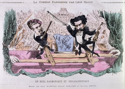 The rivaliserende komponister av valser, Johann Strauss den yngre (1825-99) og Olivier Metra (1830-89), ca. 1870 av French School