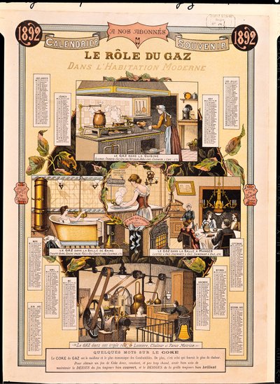 Gassens rolle i moderne hus, fra en French Gas Company-kalender, 1892 av French School
