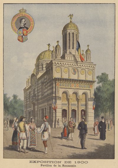 Den rumenske paviljongen på Exposition Universelle i 1900 i Paris (farge litho) av French School