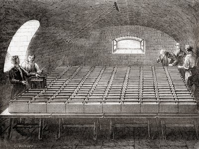Royal Institution elektriske batteri, fra Les Merveilles de la Science, pub.1870. av French School