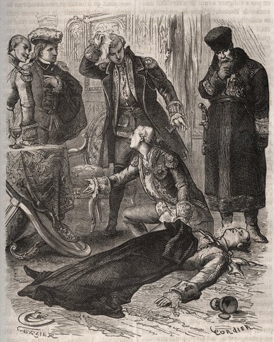 The Russian Emperor Peter III (1728-1762), assigned a residence, was assassinated by order of his wife Catherine II, who had just overthrown him and took power, by Alexei Orlov (1737-1808) and his guards on 17 July 1762. Engraving from 1871 in “Histoire De av French School