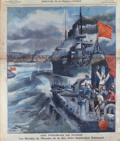 Det russiske mytteriet i Svartehavet og bombardementet av Sebastopol, illustrasjon fra Le Petit Parisien, 1905 av French School