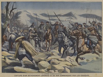 Den russisk-japanske krigen: en japansk avdeling og deres kommandør tatt til fange av kosakker (farge litho) av French School