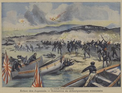 Den russisk-japanske krigen: et forsøk på landing av japanske tropper avvises (farge litho) av French School