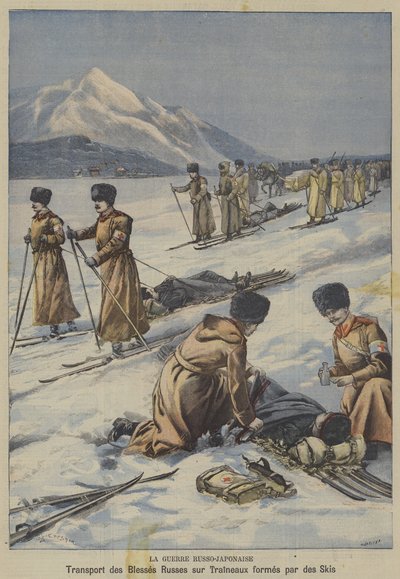 Den russisk-japanske krigen: transport av sårede russiske soldater på sleder laget av ski (farge litho) av French School