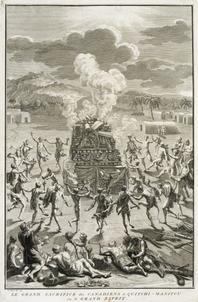 The Sacrifice to Quitchi-Manitou, eller The Great Spirit, av kanadierne, illustrasjon fra religiøse seremonier og skikker, gravert av Bernard Picart (1673-1733) 1723 av French School