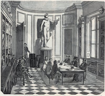 The School of Medicine of Paris - en eksamen i instrumentrommet - Gravering i "Tableau-de-Paris" av Edmond Texier 1852 av French School
