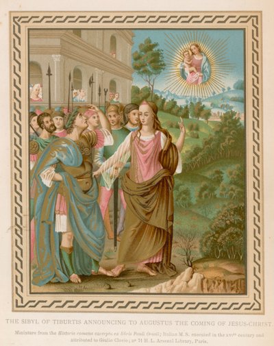 Sibyllen av Tiburtis kunngjør for Augustus Jesu Kristi komme (chromolitho) av French School