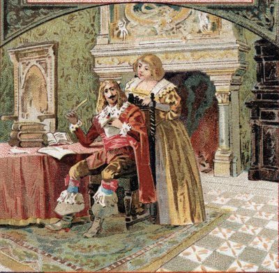 Sire of Beringhen og Madame du Fargis planla mot Richelieu (Armand Jean du Plessis, kardinal av Richelieu (1585-1642), minister for Louis XIII, ved Chateau of Azay-le-Rideau (Azay le Rideau) (Indre-et- Loire). Kromolitografi fra slutten av det 19 av French School