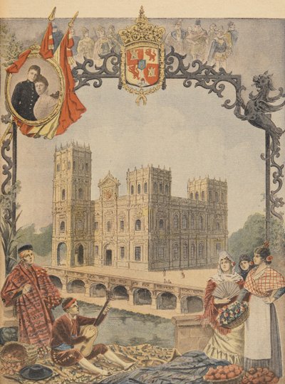 Den spanske paviljongen på verdensutstillingen i 1900, Paris, illustrasjon fra Le Petit Journal, 4. mars 1900 av French School