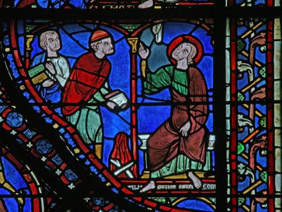 The St James Window: Almongenes (Hermogines) i ferd med å brenne bøkene sine (w5) av French School