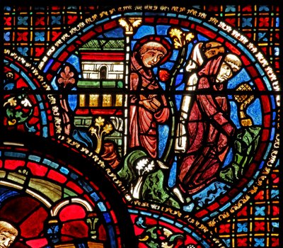 St Lubin-vinduet: han går ut fra kirken med og to munker (w45) av French School