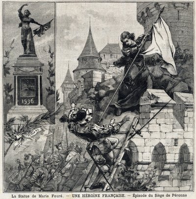 The Statue of Marie Foure (left): Catherine de Poix, known as “Marie Foure” (16th century), French heroine defending the city of Peronne in 1536 during the invasion of Charles V