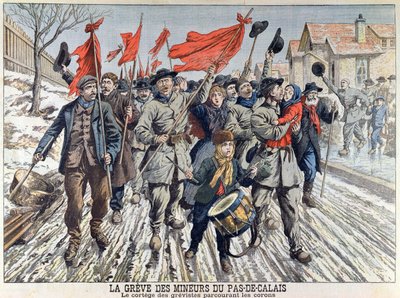 Gruvearbeidernes streik i Pas-de-Calais, prosesjonen av streikende i gruvelandsbyen, fra Le Petit Journal, 1. april 1906 (fargegravering) av French School