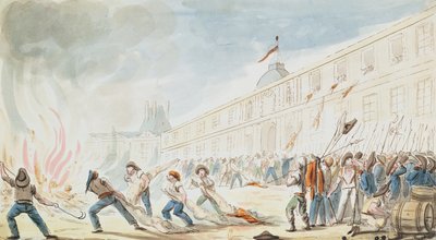 The Taking of the Tuileries, 10. august 1792 (fargegravering) av French School
