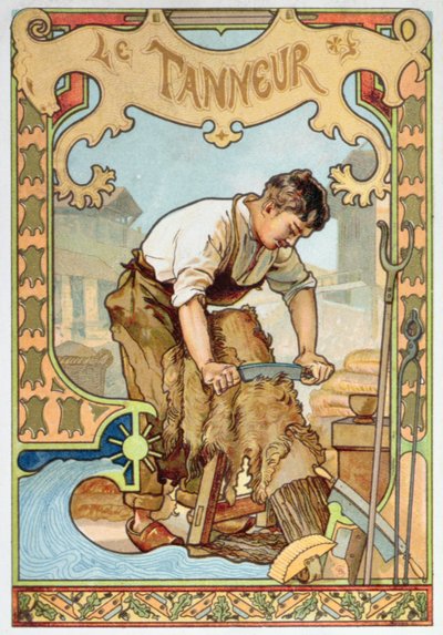 The Tanner, illustrasjon fra en bok om håndverk, ca. 1899 (farge litho) av French School