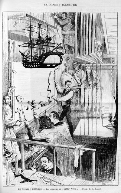 The Theatre illustrates: behind the scenes of the “Chat noir”. Engraving in “Le monde illustrious”, “” 1888. av French School