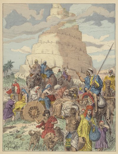The Tower of Babel (farge litho) av French School