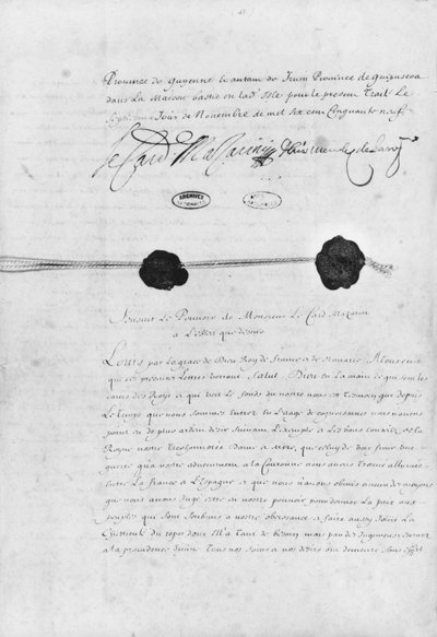 Pyreneene-traktaten, signert av kardinal Jules Mazarin (1602-61) og Don Luis Mendez de Haro (1598-1661) 7. november 1659 av French School