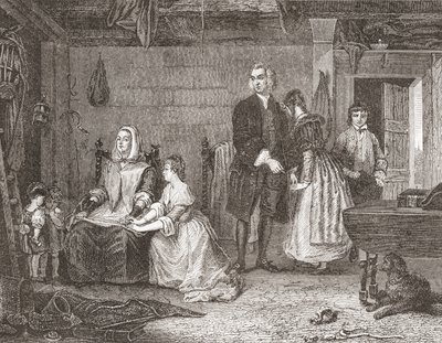 Vicar of Wakefield forsoner sin kone med Olivia, etter maleriet av Gilbert Stuart Newton. Fra Histoire des Peintres, École Anglaise, utgitt 1867 (litho) av French School