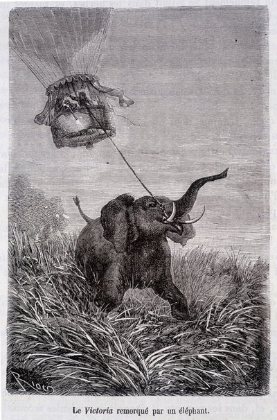 Victoria slept av en elefant - i "Fem uker i ballong", roman av Jules Verne av French School