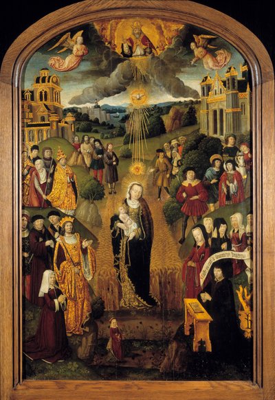 Jomfruen med hvete Kong Ludvig XII (1462-1515) og pave Alexander VI (1431-1503) er til stede. Den allmektige Gud som holder kloden velsignet scenen mens Den Hellige Ånd beskyttet jomfruen og barnet. Maleri på tre fra den franske skolen på 1500-tallet av French School