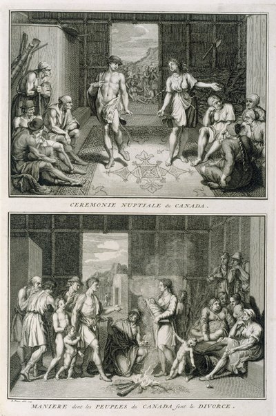 Bryllupsseremonien og skilsmissemåten i Canada, illustrasjon fra religiøse seremonier og skikker, gravert av Bernard Picart (1673-1733) 1723 av French School