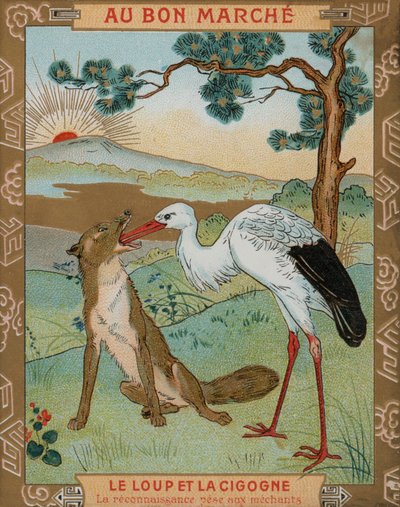 The Wolf and the Crane, en av Aesops fabler (chromolitho) av French School