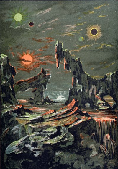 The World of Four Moons and Four Suns, illustrasjon fra LAstronomie Populaire skrevet av Camille Flammarion (1842-1925) 1881 av French School
