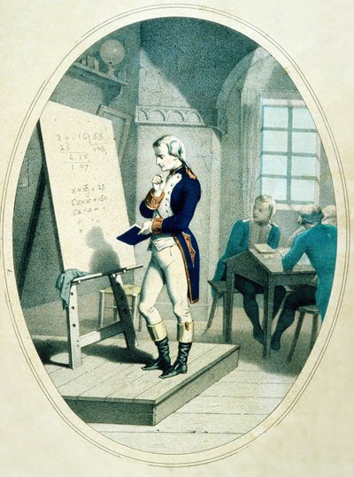 Den unge Napoleon, ved Militærakademiet i Brienne, Frankrike, 1779 (farget gravering) av French School
