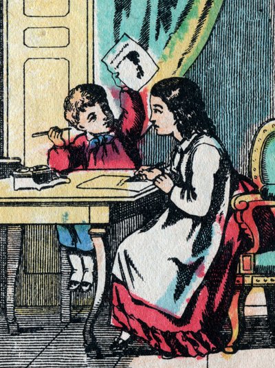 Aktivitetene for jenter fra gode familier: hjelpe en lillebror med leksene hans - Epinalt bilde - 1800-tallet (gravering) av French School