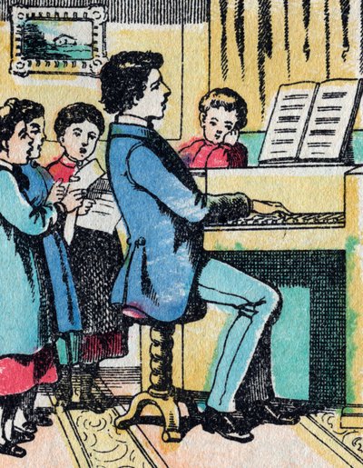 Aktivitetene for jenter fra gode familier: læring av musikk - Epinalt bilde - 1800-tallet (gravering) av French School