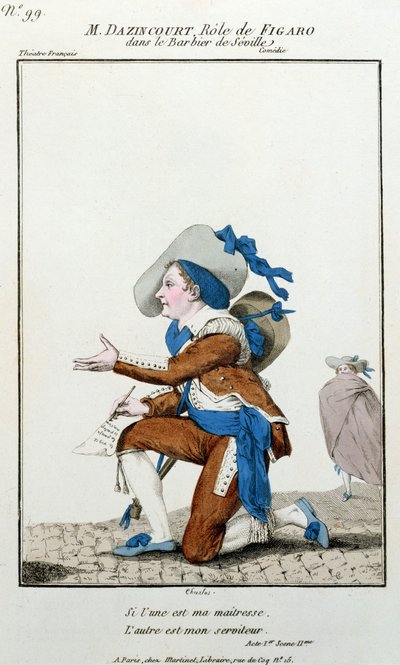 Skuespilleren Dazincourt ved Theatre Francais i rollen som Figaro i Barberen av Sevilla av Pierre Augustin Caron de Beaumarchais (1732-1799) av French School