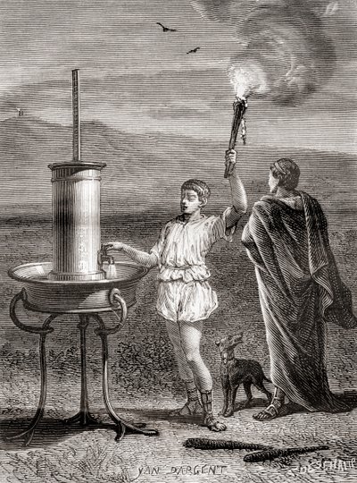 Det gamle greske hydrauliske semaforsystemet som ble brukt av Aeneas for å sende en melding, 4. århundre f.Kr., fra Les Merveilles de la Science, publisert ca. 1870 (gravering) av French School