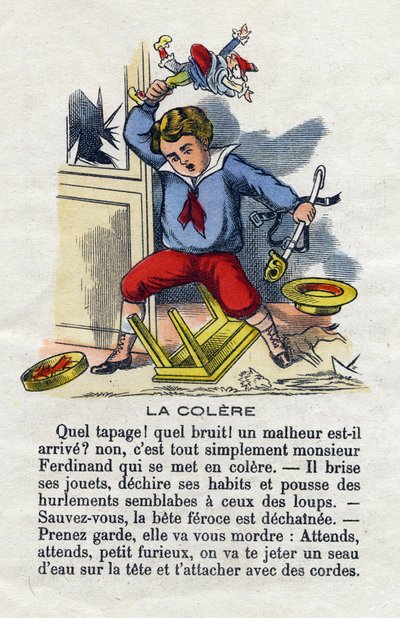 Sinne. Lunefullt barn som bryter lekene sine. Alfabetet for små gutter. Abecedary har moralsk verdi som inneholder leseøvelser. Epinal avbildning sent på 1800-tallet av French School